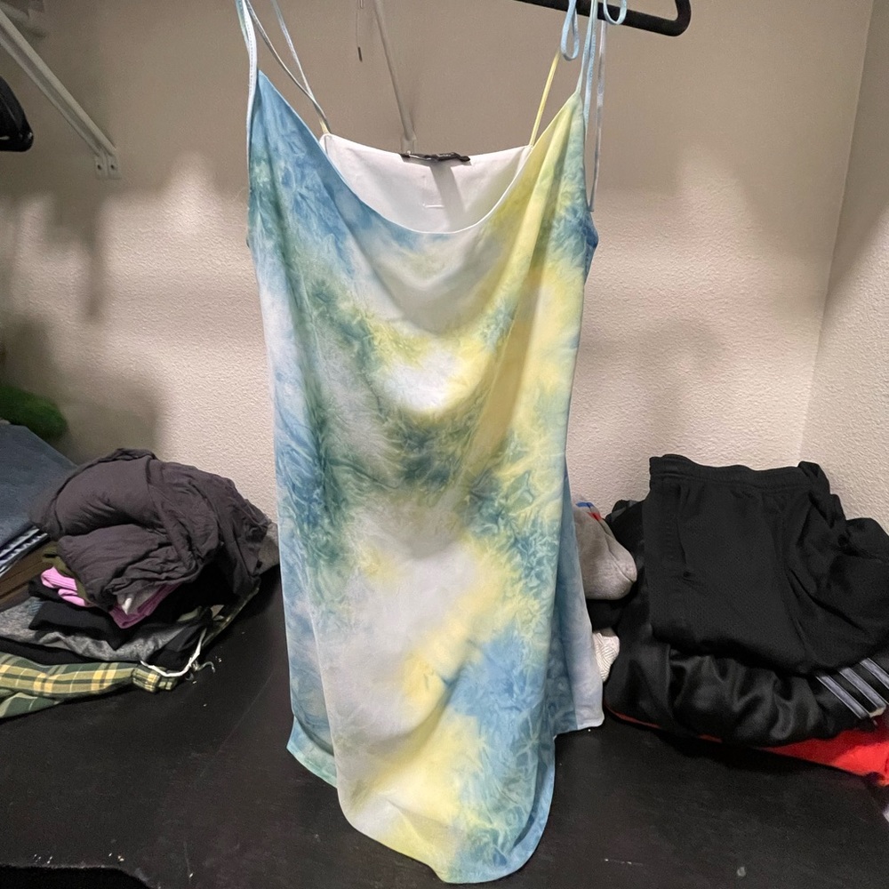 Blue green white tye dye mini dress